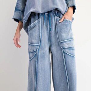 NEW LADIES SIZE L EASEL BLUE MONKEY WASH ELASTIC WAIST WIDE LEG PANTS EB57026